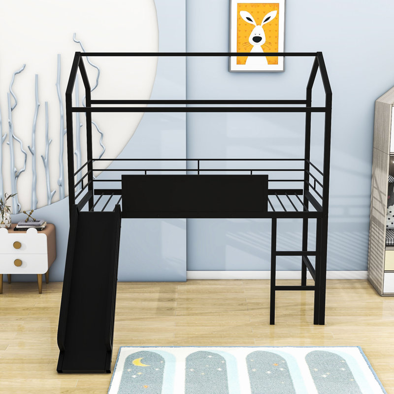 Skokie Twin Size Metal House Loft Bed with Slide and Writable Board by Harper Orchard, Black