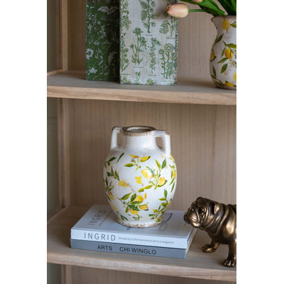 Vase en céramique 6,7 x 6,7 x 8,7 po avec motif jaune citron et petites poignées