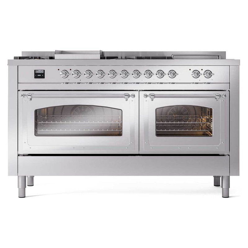 ILVE Nostalgie II Noblesse 60 in Dual Fuel Range 7 Burner, Griddle, Frenchtop, Natural Gas, Stainless Steel/Chrome