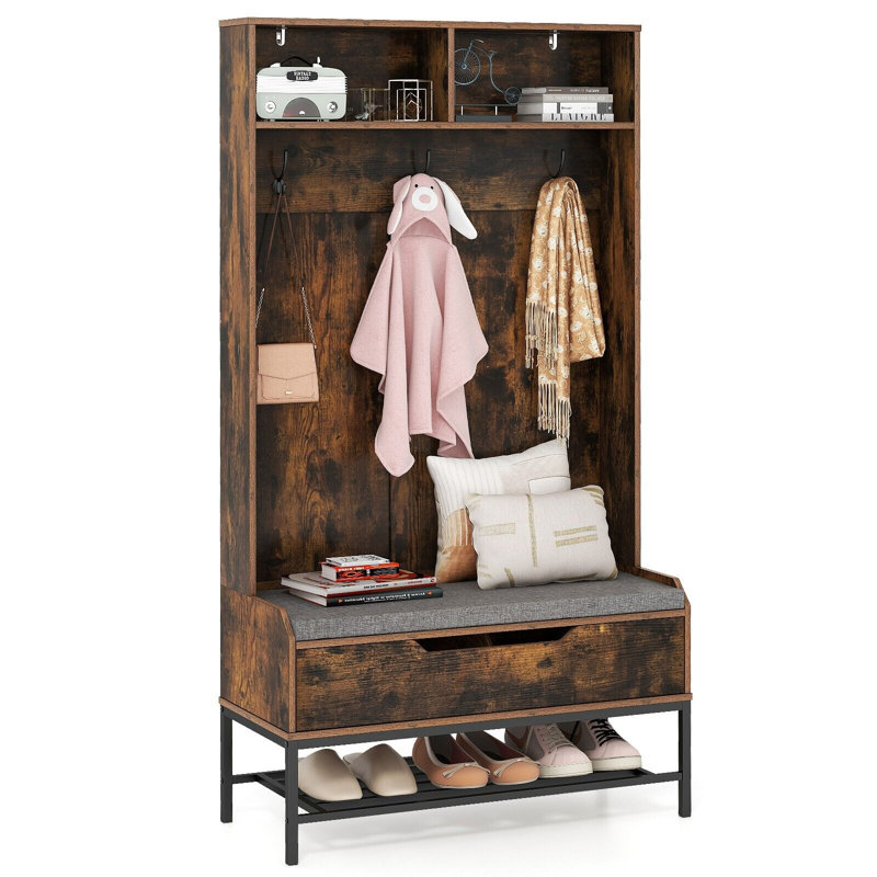Hall Tree 90cm Wide with Bench, Brown