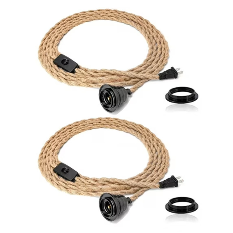 2-Pack 12ft Pulg in Pendant Light Cord Vintage Hemp Rope with Switch Indoor Decor for Kitchen Island Bedroom Living Room