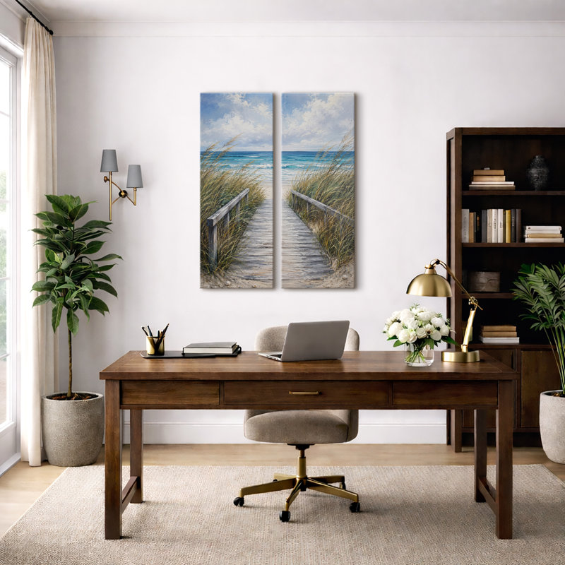 Promenade côtière en bois avec herbes des dunes – Ensemble de 2 impressions d'art encadrées sur toile 32 po x 12 po x 2 po