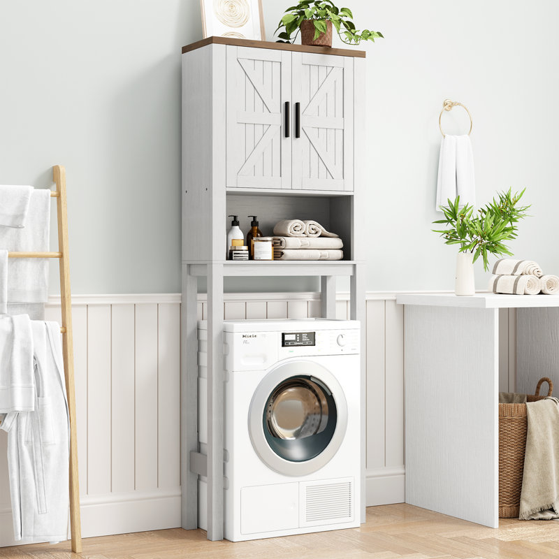 Over The Toilet Storage Cabinet with Adjustable Shelf and Double Doors, Bathroom Space Saver Organizer Above Toilet with Open Shelf, Taller Wooden Free Standing Toilet Rack