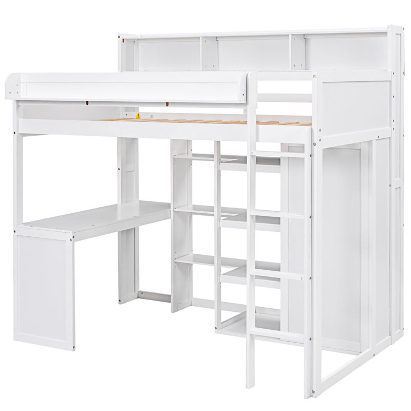 Lit mezzanine en bois avec plusieurs tablettes de rangement et garde-robe, Blanc