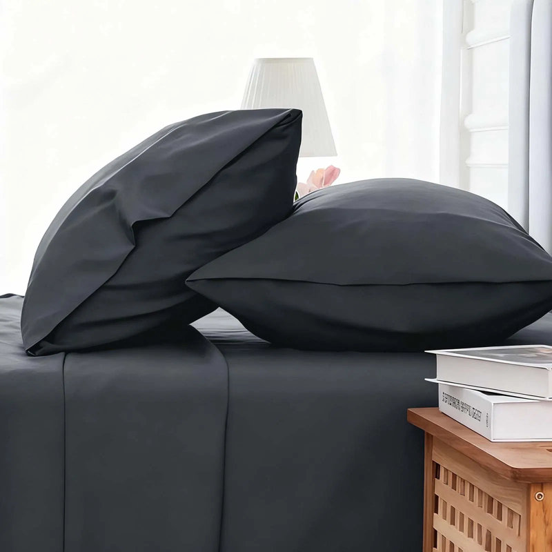 Ensemble de draps 4 pièces - Ultra doux et respirant - Mélange de coton de couleur unie lavable à la machine, Noir