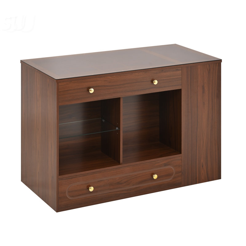 Modern Closet Island With 6 Drawers, Glass Display Top, And Open Shelves For Organized Storage And Elegance, Walnut