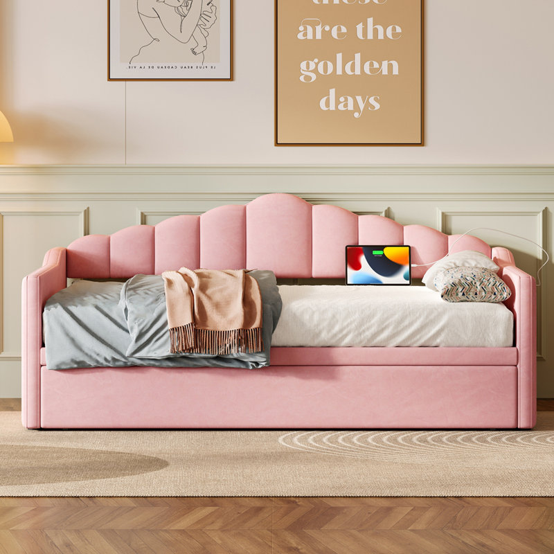 Upholstered Twin Size Daybed with Adjustable Height Pop Up Trundle Twin Bed and USB & Type-C Charging Port, Day Bed Frame with 2 Side Pockets, No Box-Spring Needed