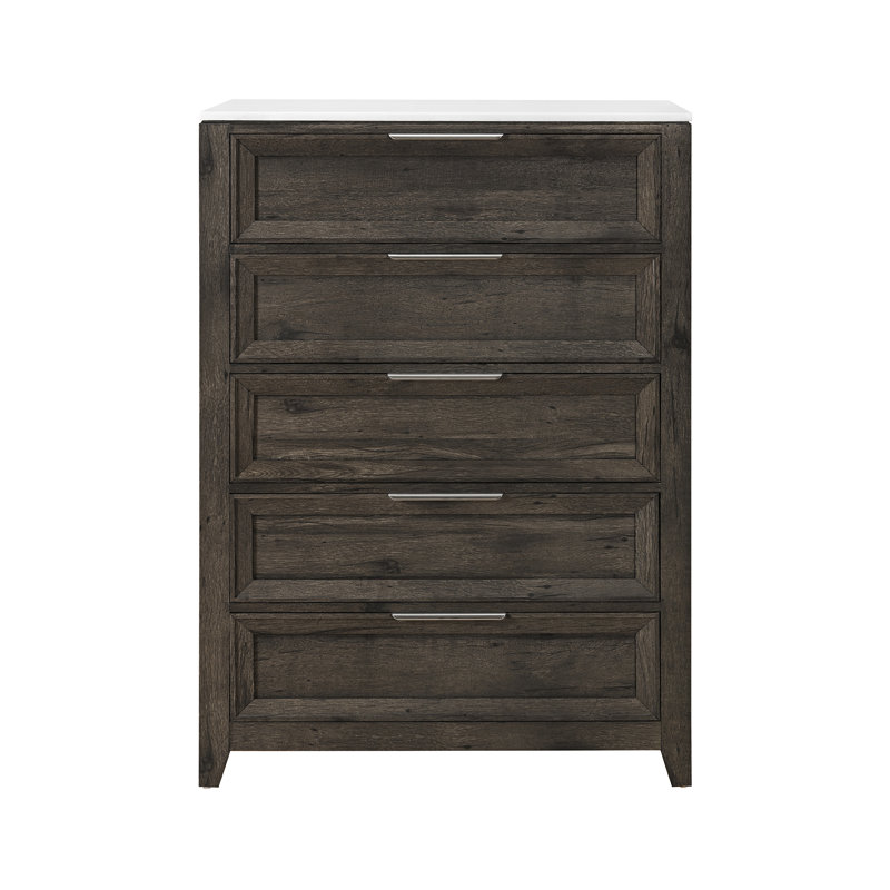 Grande commode moderne en bois franc d'ingénierie brun foncé avec cinq tiroirs et un plateau en faux marbre