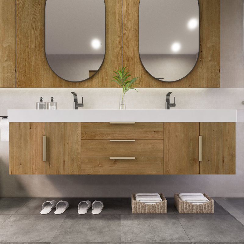 Meuble-lavabo double mural 72 po avec plateau en acrylique renforcé Edinger, Chêne