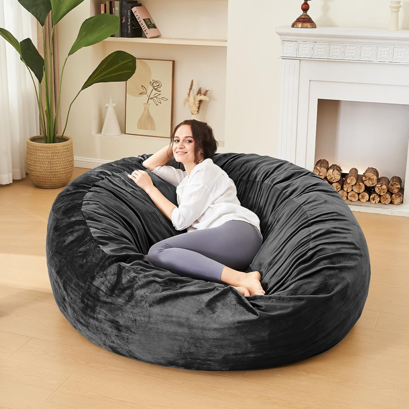 Memory Foam Filled Bean Bag Chair with Soft Removeable Cover, Black Velvet, 33" H x 33" W x 24" D