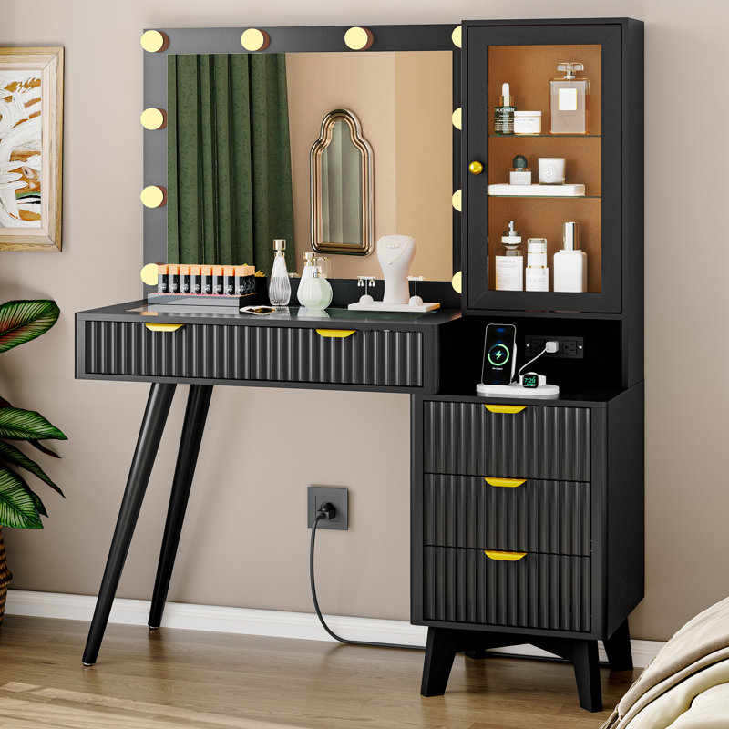 Bureau de coiffeuse cannelé avec miroir DEL, 5 tiroirs et armoire en verre RVB  , Noir