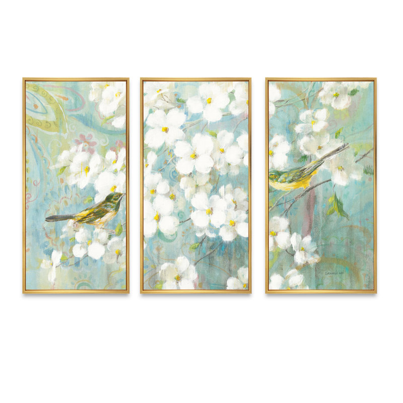Oiseaux sur fleur - ensemble d'art mural sur toile traditionnel encadré de 3, H 28 po x l 36 po x P 1 po, Or