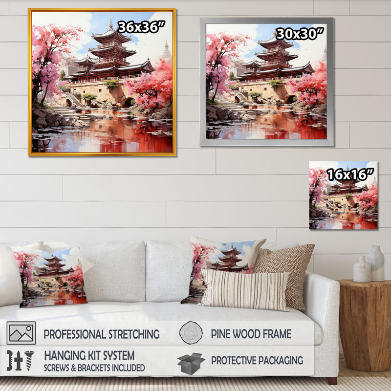 «Spring Spring China Serenity At The Temple I», art mural Chine, H 36 po x l 36 po x P 1,5 po, Cadre doré simple