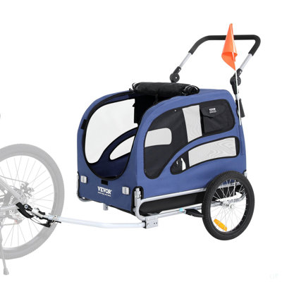 Remorque pour chien, supportant jusqu'à 100 lb, chariot à poussette 2 en 1 pour animal de compagnie, cadre de chariot pliant facile avec roues à dégagement rapide, coupleur de vélo universel, réflecteurs, drapeau, bleu / noir