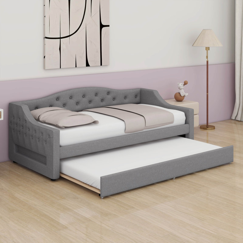 Twin XL Upholstered Daybed With Trundle & LED Belt, Linen Tufted Day Bed For Living Room, Bedroom, Gray