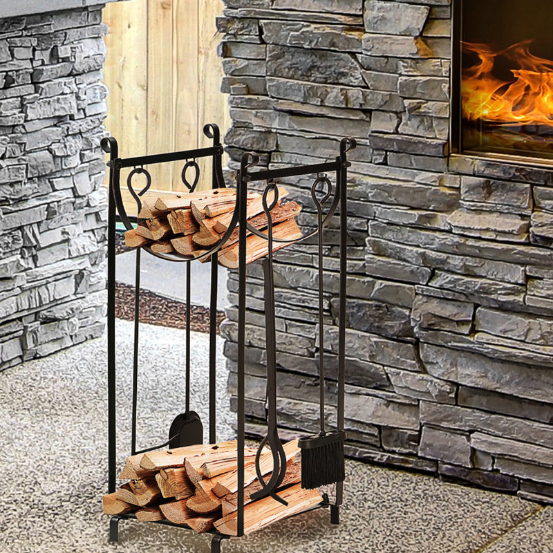Outils de foyer inclus Support de rangement pour bois de chauffage - 2 niveaux, noir, L 14,5 po x l 13,48 po H 29,68 po, capacité de 154 lb avec capacité, pour l'intérieur et l'extérieur
