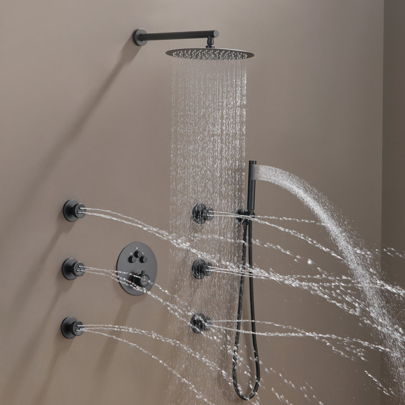 Matte Black Stainless Steel Thermostatic Rain Shower System with Handheld