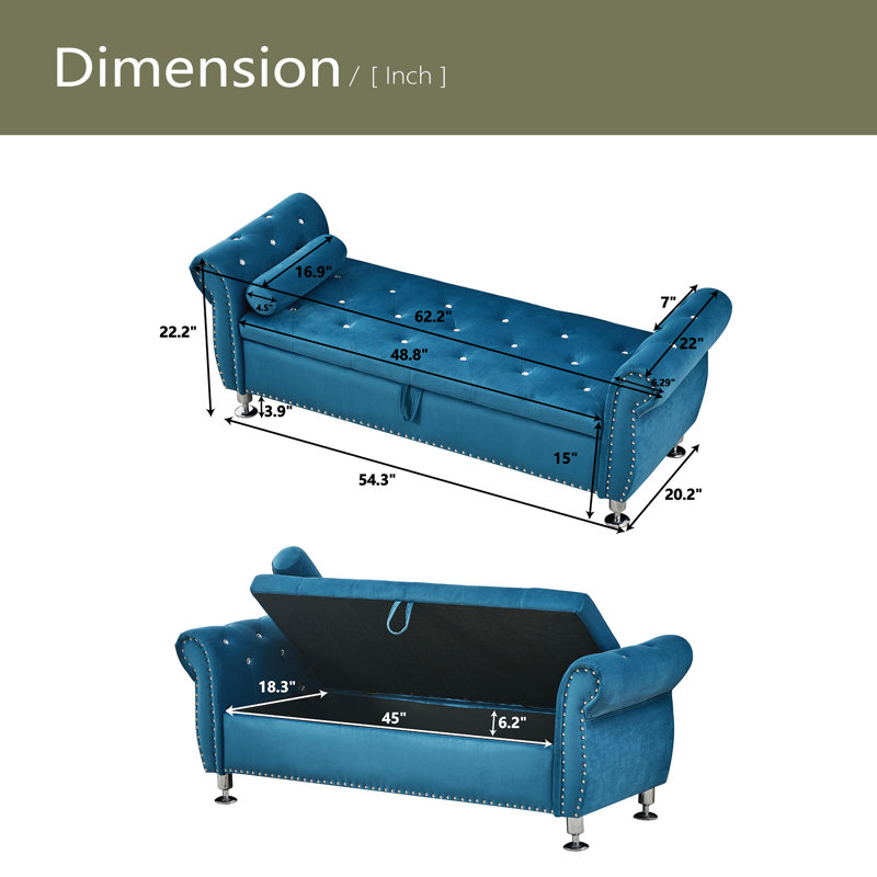 Banc de rangement en velours de 62,2 pouces avec boutons en cristal et 1 coussin pour la chambre à coucher et le salon, Bleu