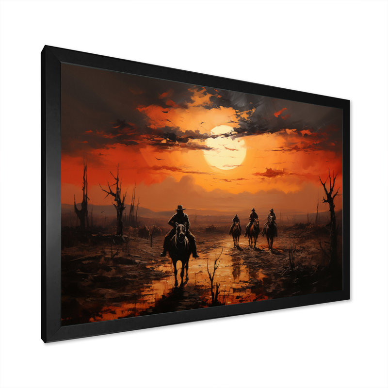 Western Sunset Riders Pointillism Art I - décoration murale occidentale, Cadre noir, H 24 po x l 32 po x P 1 po