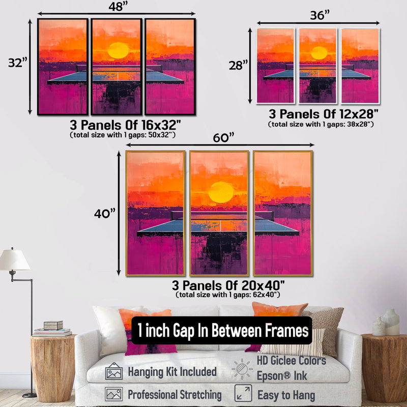 Jeu de ping-pong orange et mauve au coucher du soleil, H 40 po x l 60 po x P 1 po, Toile argentée avec cadre flottant