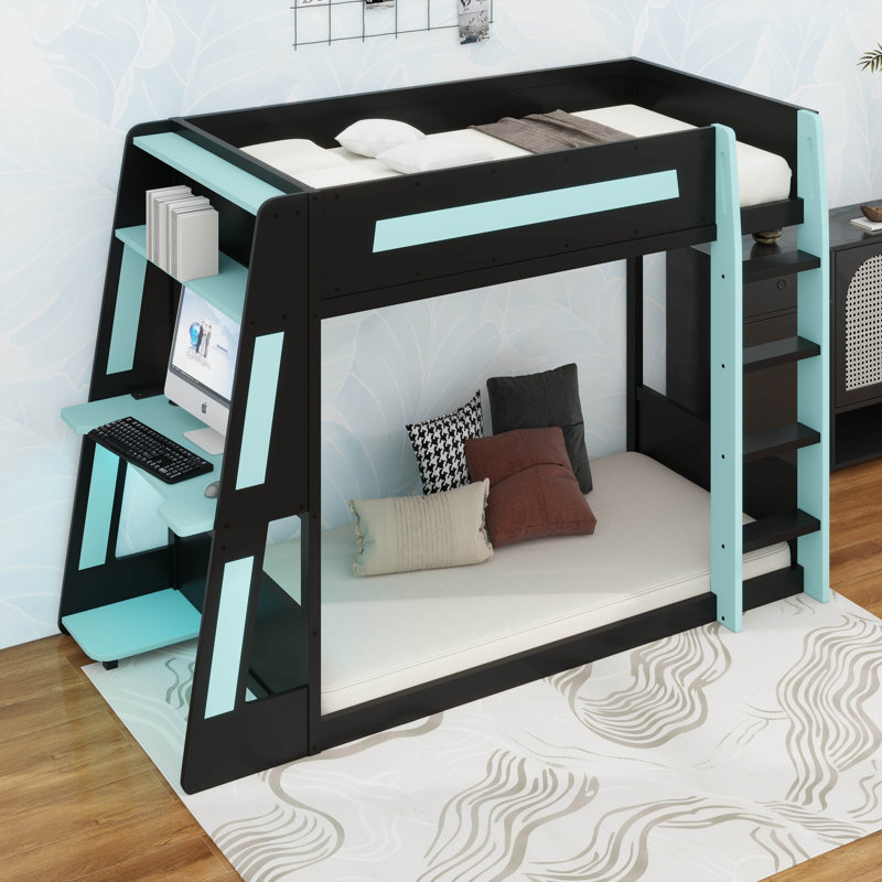 Lit superposé en bois avec bureau, deux tablettes de rangement, USB et lumière DEL, Lit simple, Noir / Bleu