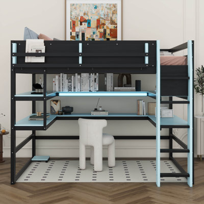 Lit mezzanine avec bureau et bandes lumineuses RVB, lit mezzanine en bois avec support de rangement latéral, tablettes multiples et station de charge USB