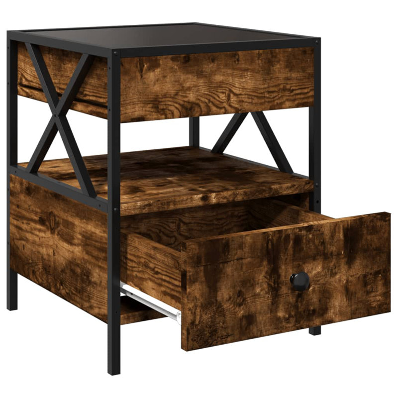 Daneli 40 cm W Steel Bedside Table, Smoked Oak