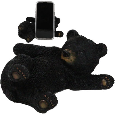 Whimsical Rustic Western Black Bear Cub Stretching Cell Phone Holder Figurine