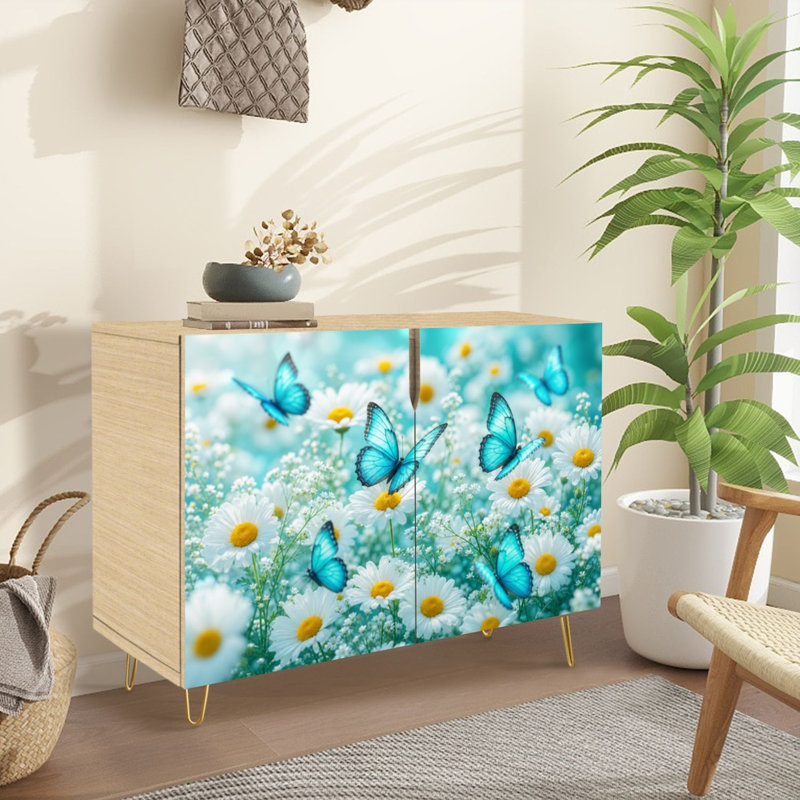 Buffet Buffet avec rangement Papillons bleus marguerites blanches Dreamy Pastel Garden avec 2 portes pour le salon et la cuisine