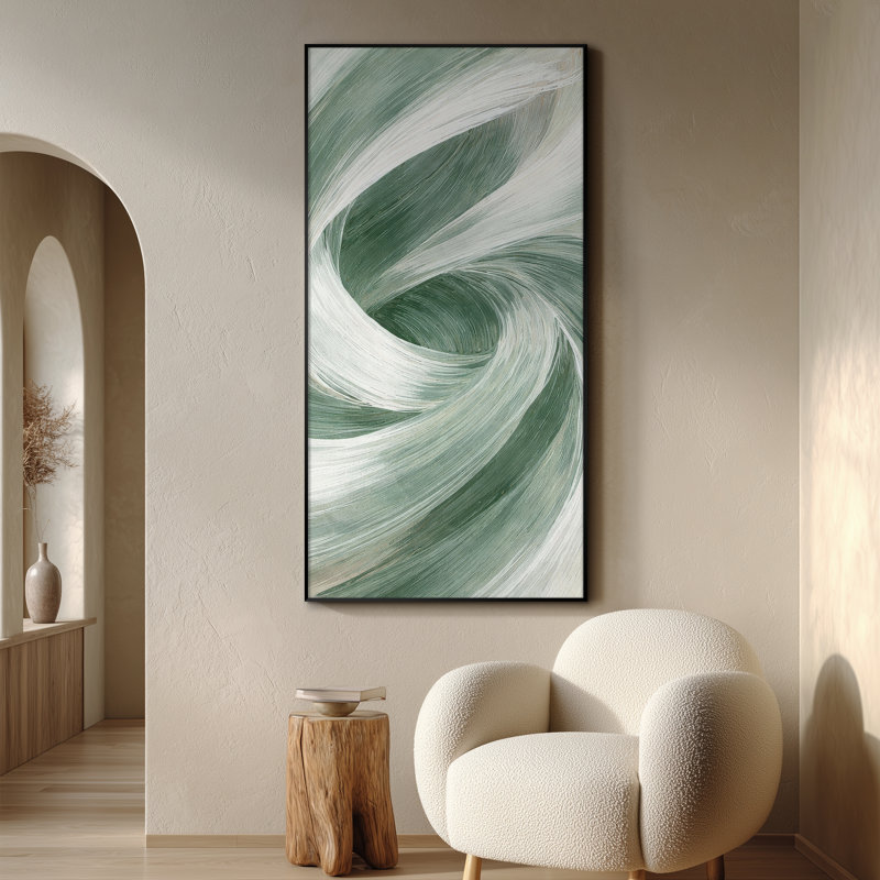 Très grand art mural imprimé sur toile - Tourbillon vert sauge, design minimaliste inspiré de la nature pour la chambre à coucher ou le bureau - "Assemblage requis du cadre (cadre non fini)"