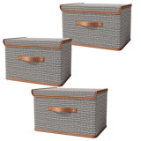 Storage Box With Lid, Large Storage Box, Pu Leather Handle, Foldable Linen Fabric Storage Box, Used For Home Closet Organizer, Set Of 3