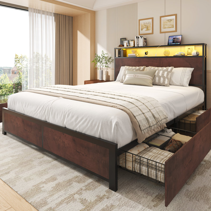Queen Metal Platform Bed Frame with 2-Tier Storage Headboard,4 Storage Drawers, Built in Charging Station & LED, Noise-Free/No Box Spring Needed, Rustic Brown