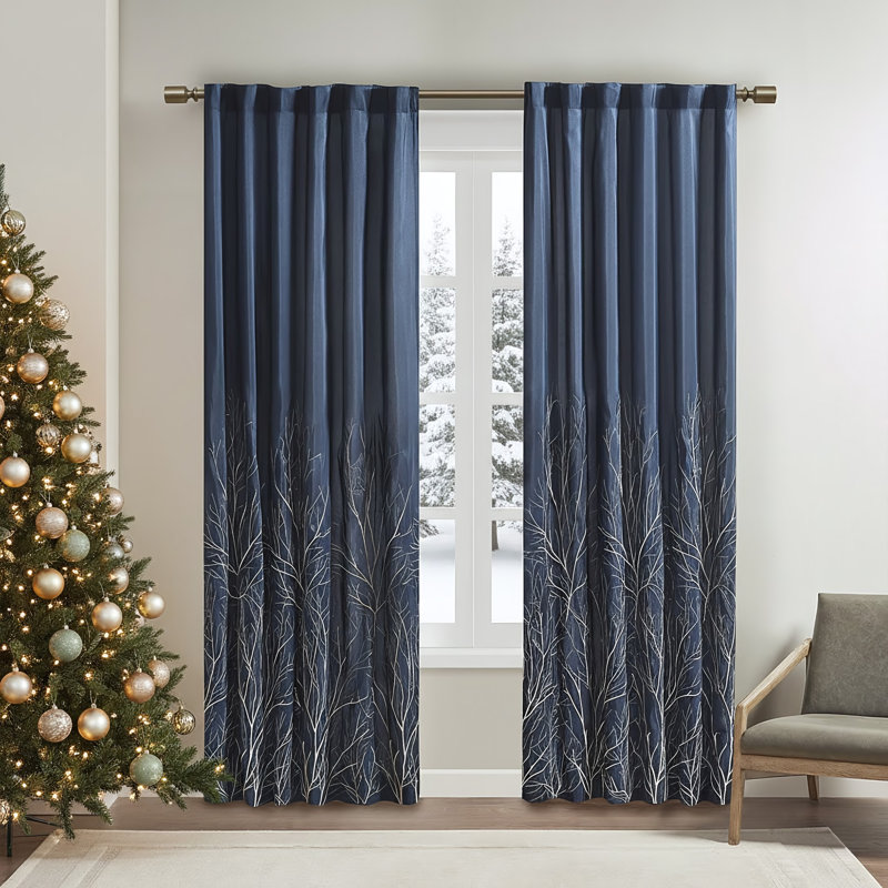 Panneau de rideau simple à motif de branche brodée avec passe-tringle Andora, l 50 po x L 95 po, Brun clair