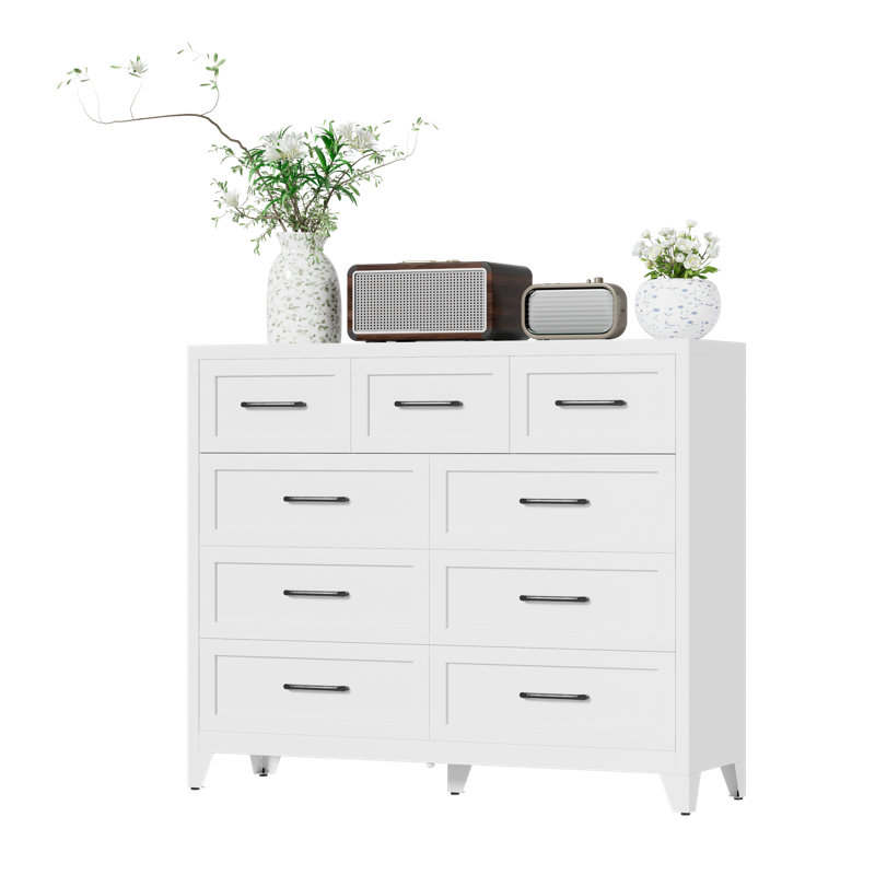 Commode haute à 9 tiroirs peu encombrante avec glissières coulissantes pour le rangement à la maison, Blanc