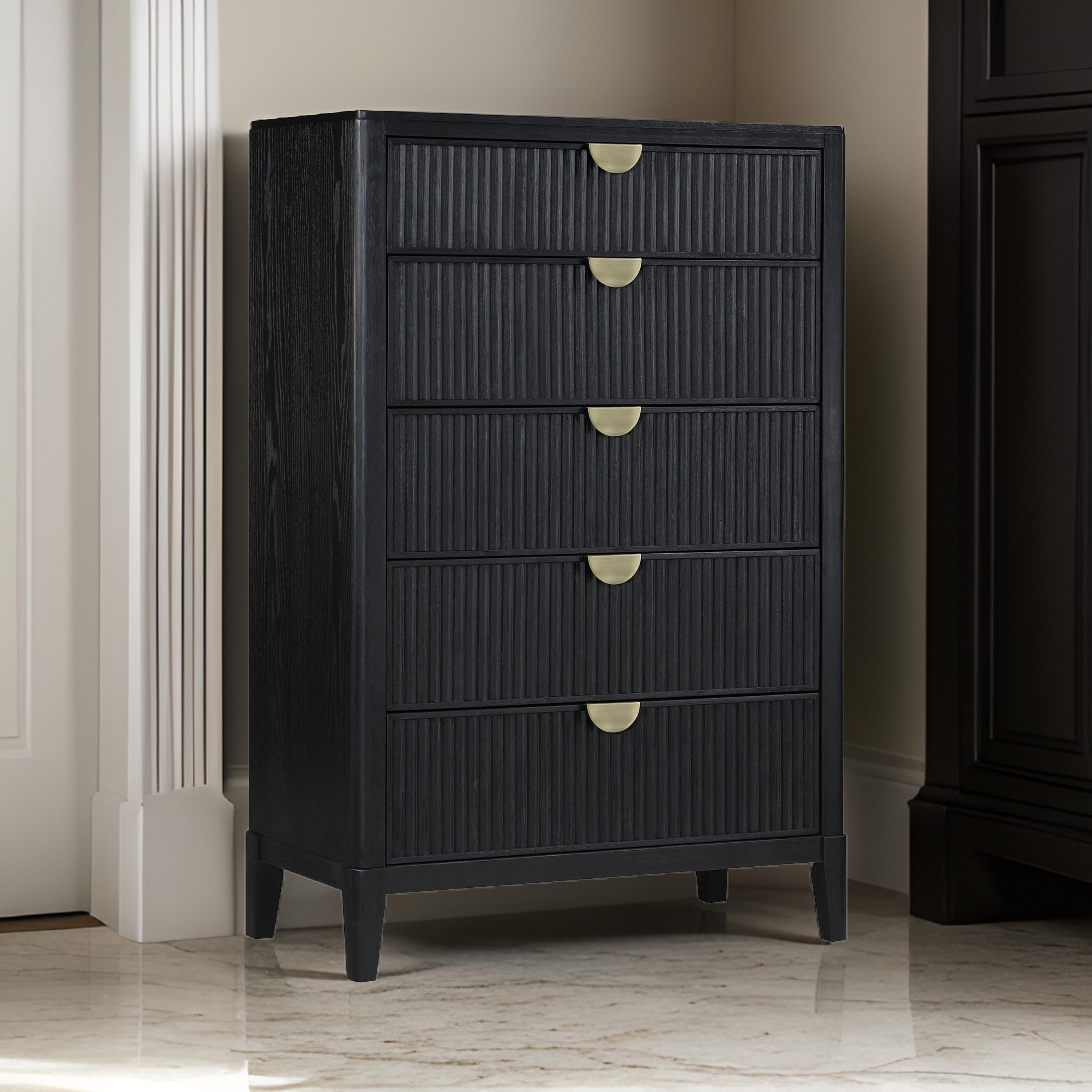 Benjara Jack Tall Dresser Chest, 5 Drawers, Gold Tone Metal Handles