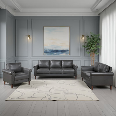 Kohlmeier Modern & Contemporary Faux Leather 3-Piece Living Room Set with Classic Rolled Arm Design, Foam & Pocket Coil Seating & Stylish Faux Wood Br