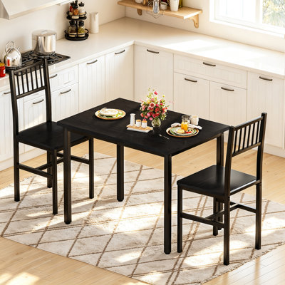 2‑Piece Dining Table Set, All‑Black Wood‑Look Kitchen Table with 2 Chairs, Metal Frame Dining Furniture for Small Space Apartment