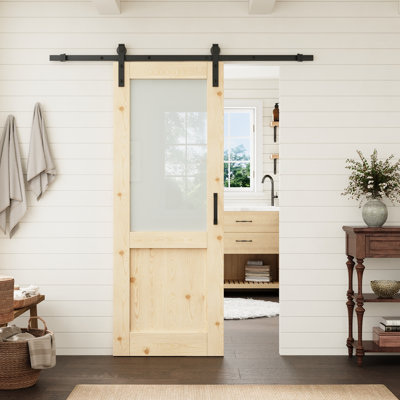 Porte intérieure en pin massif, demi-vitrée, 32 po x 80 po, avec quincaillerie noire pour porte de grange, idéale pour le salon ou le garde-manger.