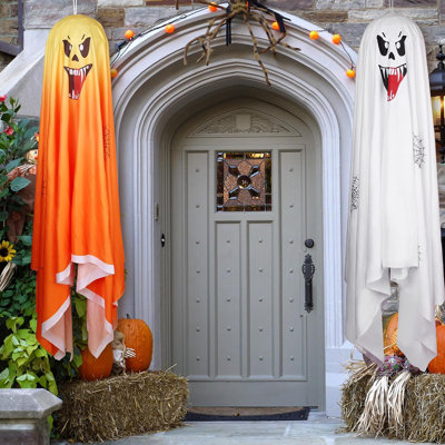 2PCS Ghost Halloween Decorations - Large Spooky Hanging Lighted Ghost Decor For Halloween Party, Home, Front Yard, Patio, Lawn, Garden (White And Orange)
