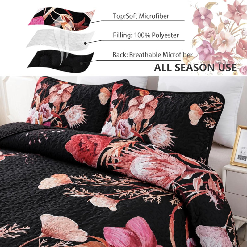 Ensemble de courtepointe à motif floral pour grand lit 3 pièces Floral, Black/Red Floral