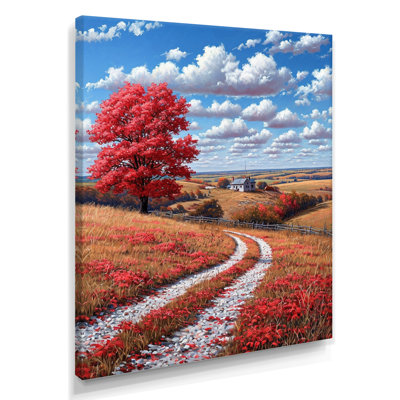 Red Tree Country Road Summer Wildflowers - Countryside Wall Art