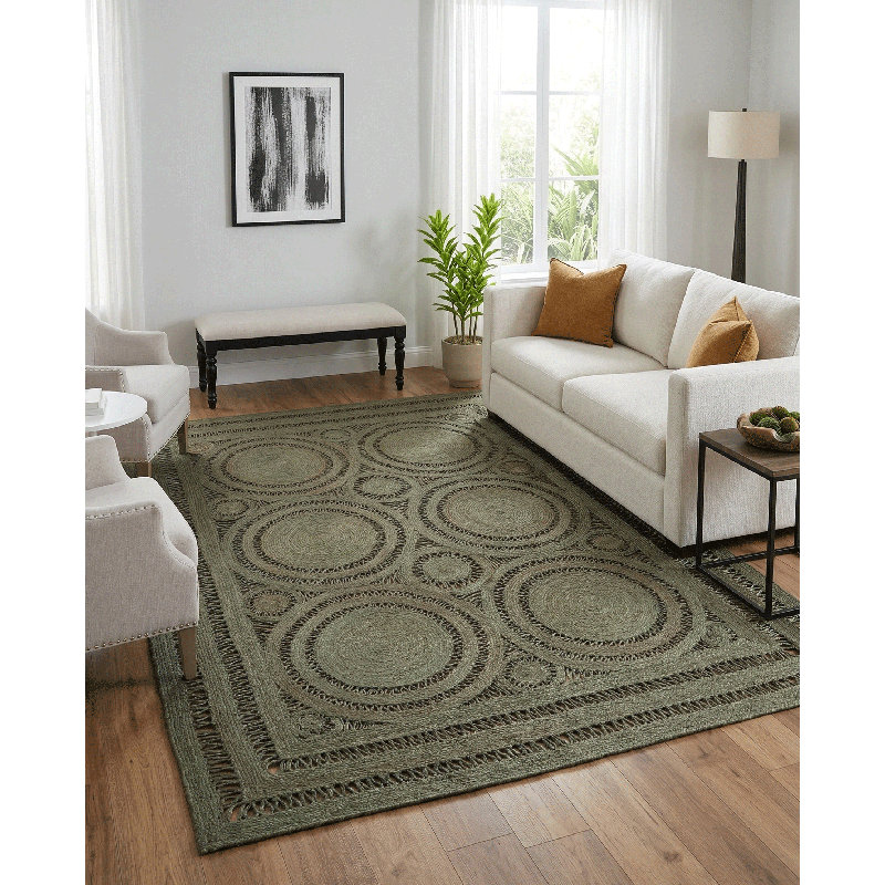 Tapis vert olive / brun Mehndi, Rectangle 12 pi x 15 pi