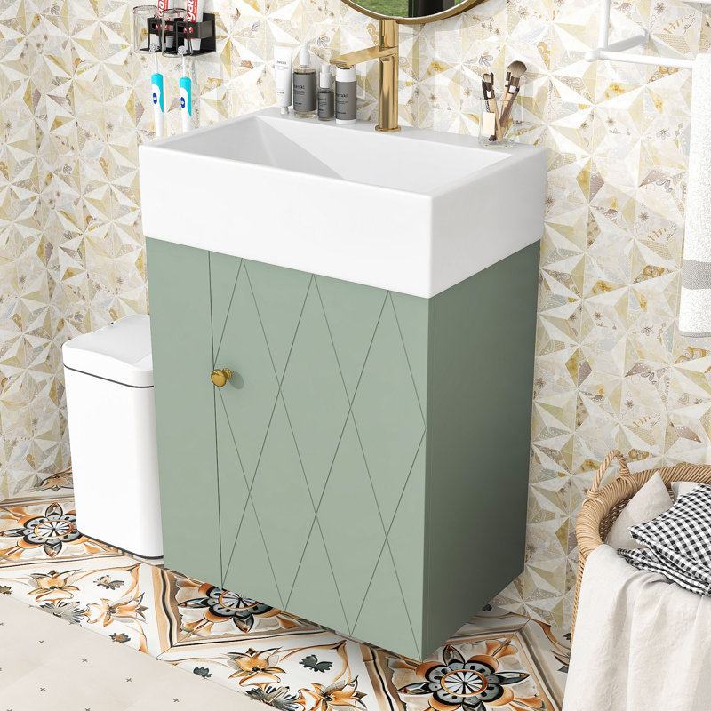 Meuble-lavabo compact moderne de 20 pouces avec tablettes de rangement latérales, Vert