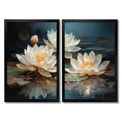 Lotus Blossoms Bathed In Moonlight - Lotus Canvas Prints, White Floral Wall Art Set Of 2