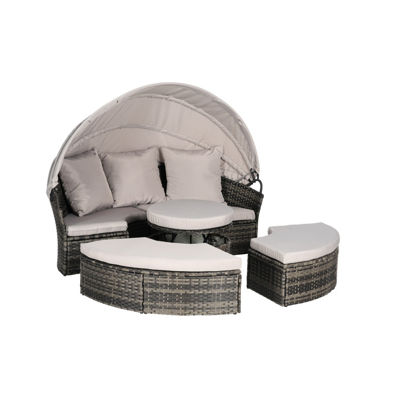 5 Pc Patio Daybed Furniture With Retractable Canopy, Cushions, Table, Construction Outdoor Conversation And Washable Table For Porch