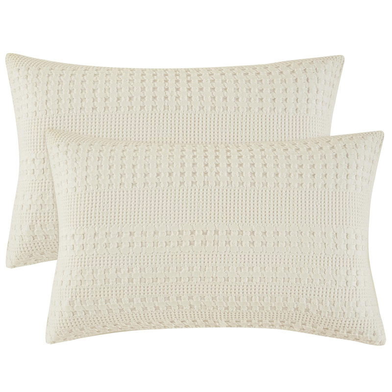 PHF 100% Cotton Ruffle Waffle Pillow Shams, 2 Pack Soft Skin-Friendly Bed Pillow Covers for Aesthetic Home Decor, Ivory