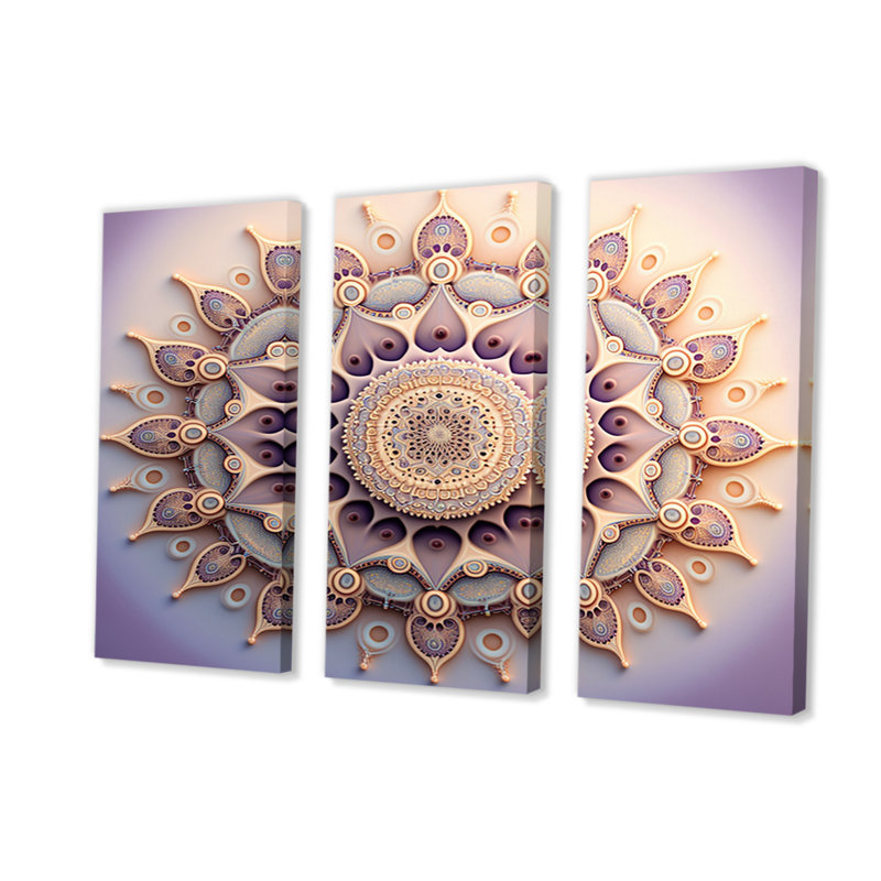 «Ethereal Fractal Mandal» en mauve et jaune I - ensemble de reproductions d'art sur toile Boho Mandala