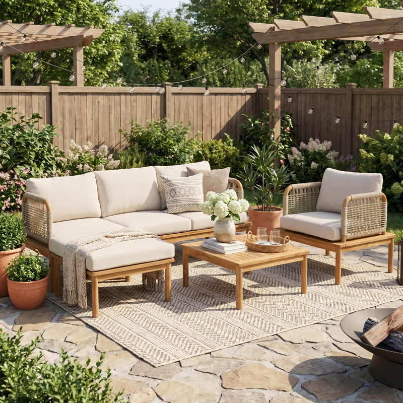 Ensemble de meubles 4 pièces en bois d'acacia, canapé de conversation avec table basse et repose-pieds, ensemble de canapé d'extérieur 3 places pour balcon