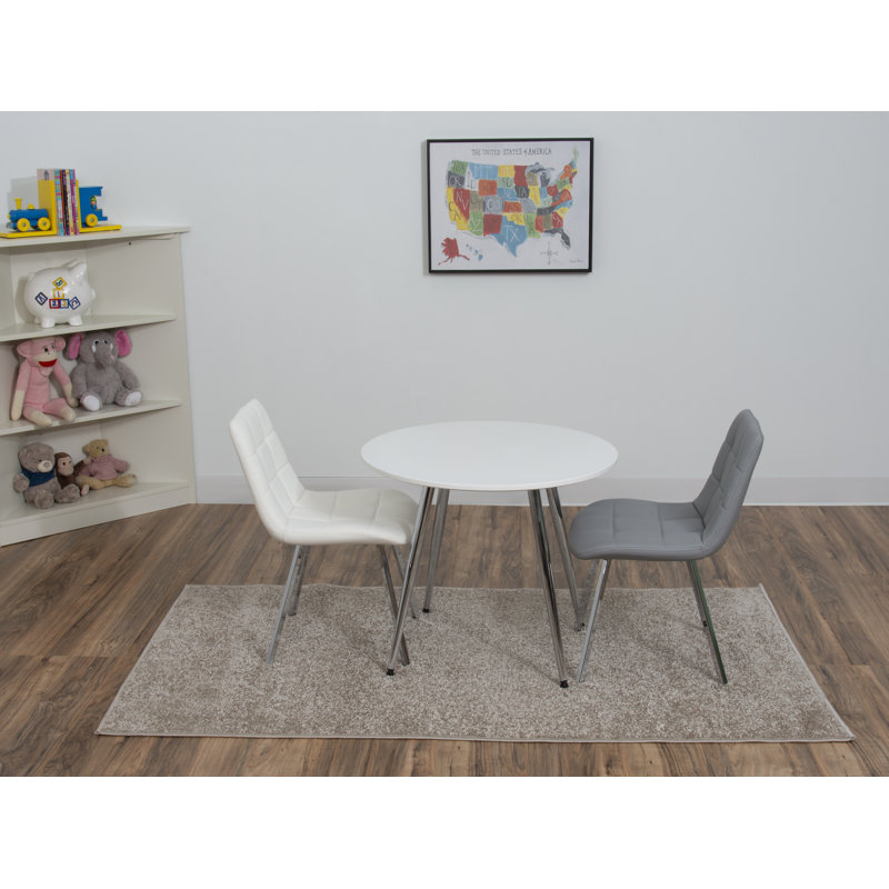 White and Gray Chrome Leg Kids Table with 2 Upholstered Chairs