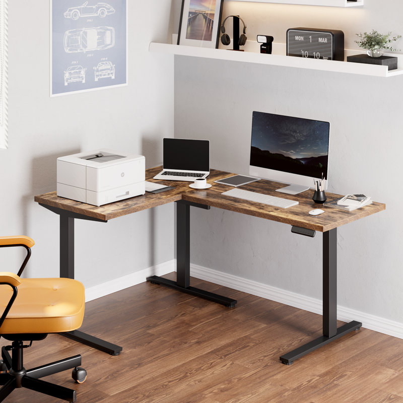 63'' L-Shaped Home Office Height Adjustable Standing Desk, 45.9" H x 63" W x 47.2" D, Mahogany/Black